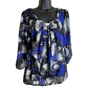 B Design Blouse Womens Size M 3/4 Sleeve Black Blue White Sheer Top Bow Ruffle